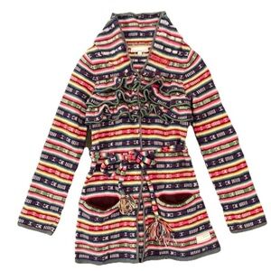 Odd Molly Size 0 XS Colorful Striped Snap Cardigan Ruffle Tie Waist Wool Cozy